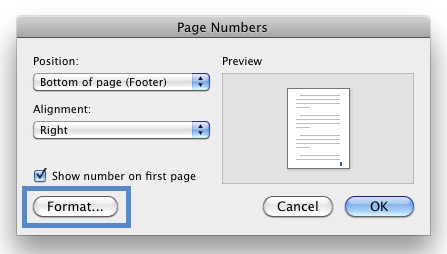 Image locates the format button on "Page Numbers" box.